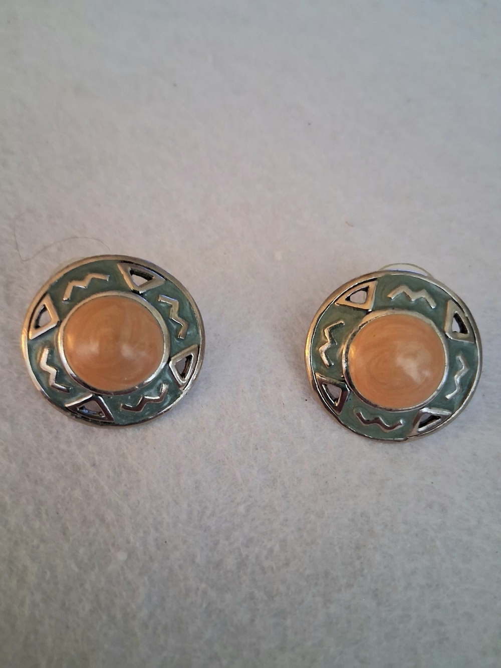 Silver Tan/ Peach w/ Muted Turquoise Color  Stud Earrings Southwest Inspired - Picture 4 of 6